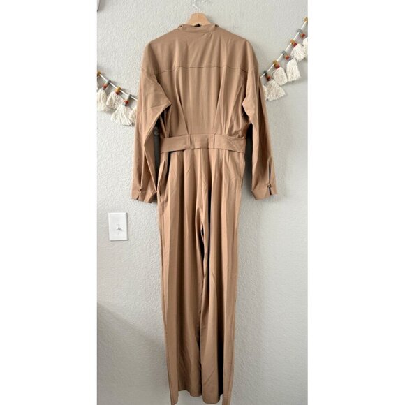 Zara Long Utility V-Neck Jumpsuit Straight Leg Belted In Camel Contemporary M - Picture 3 of 13
